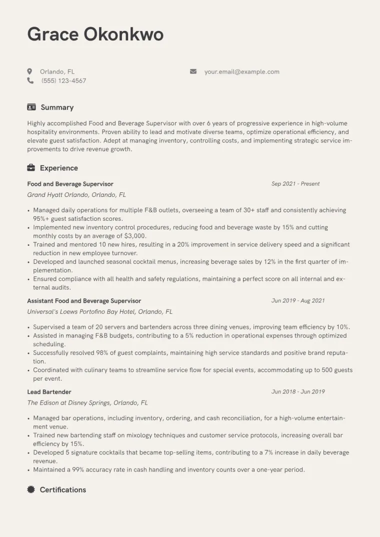 Food and Beverage Supervisor Resume Example CV template preview