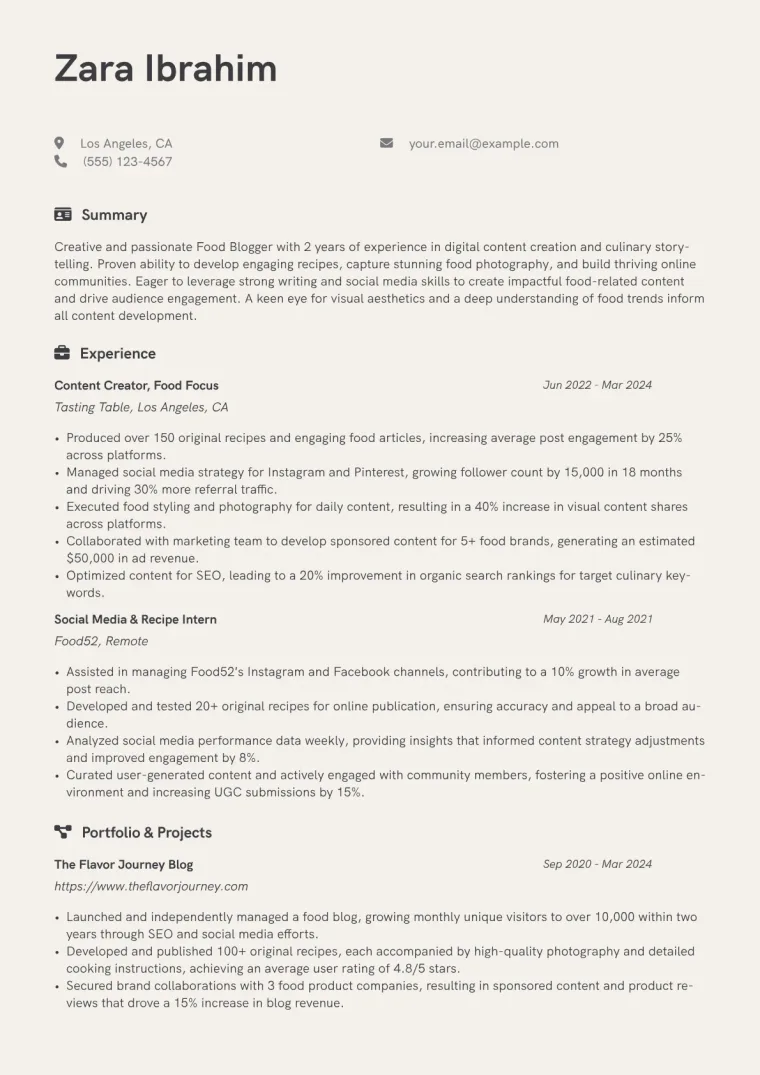 Food Blogger Resume Example CV template preview