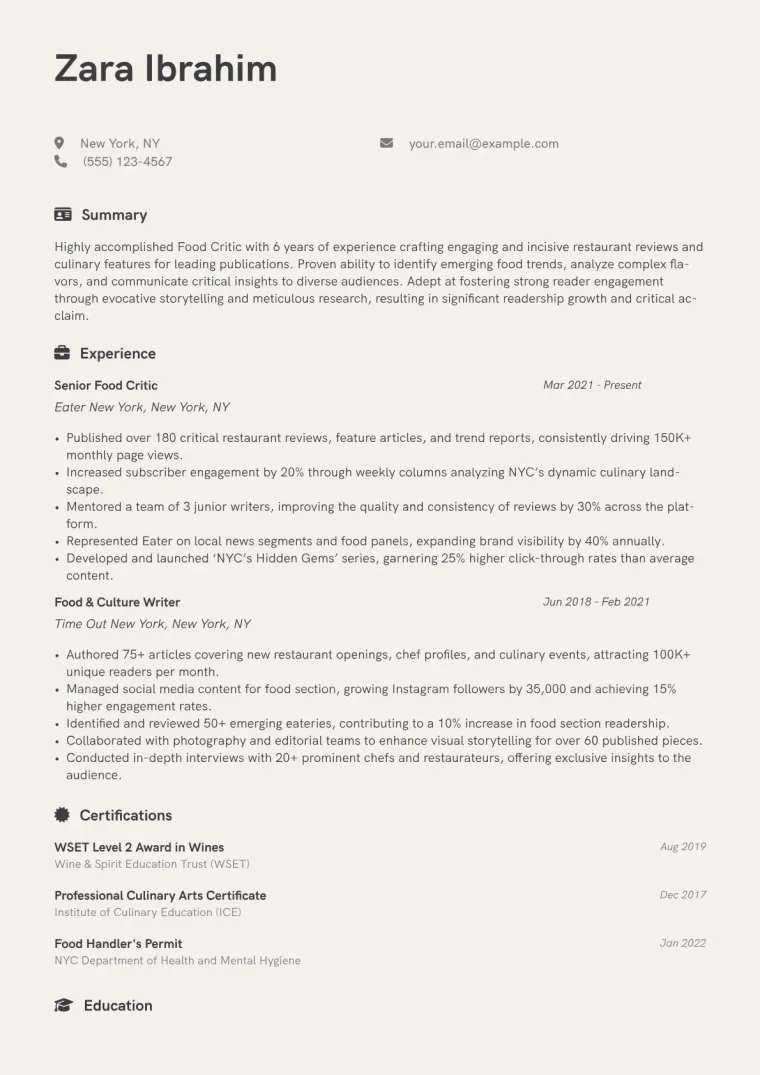 Food Critic Resume Example CV template preview