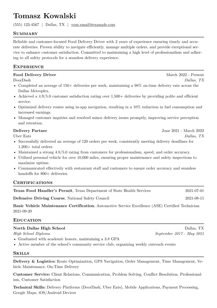 Food Delivery Driver Resume Example CV template preview