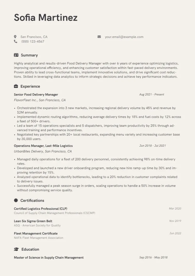 Food Delivery Manager Resume Example CV template preview