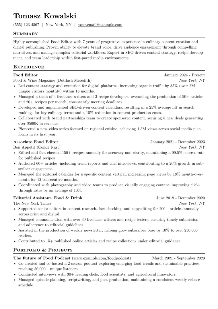 Food Editor Resume Example preview