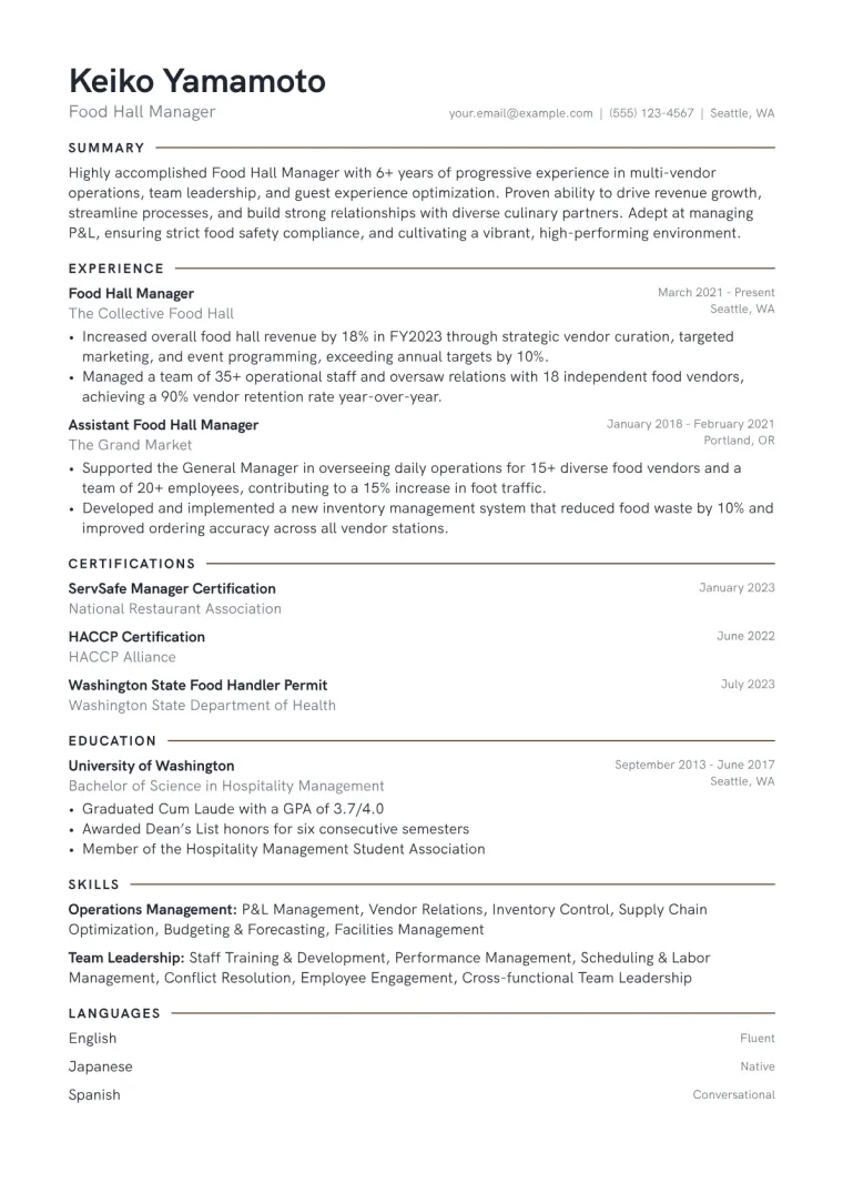 Food Hall Manager Resume Example CV template preview