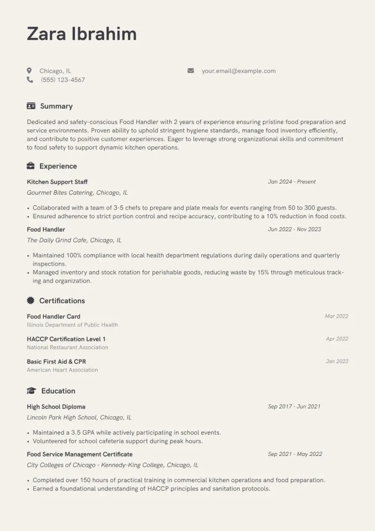 Food Handler Resume Example CV template preview