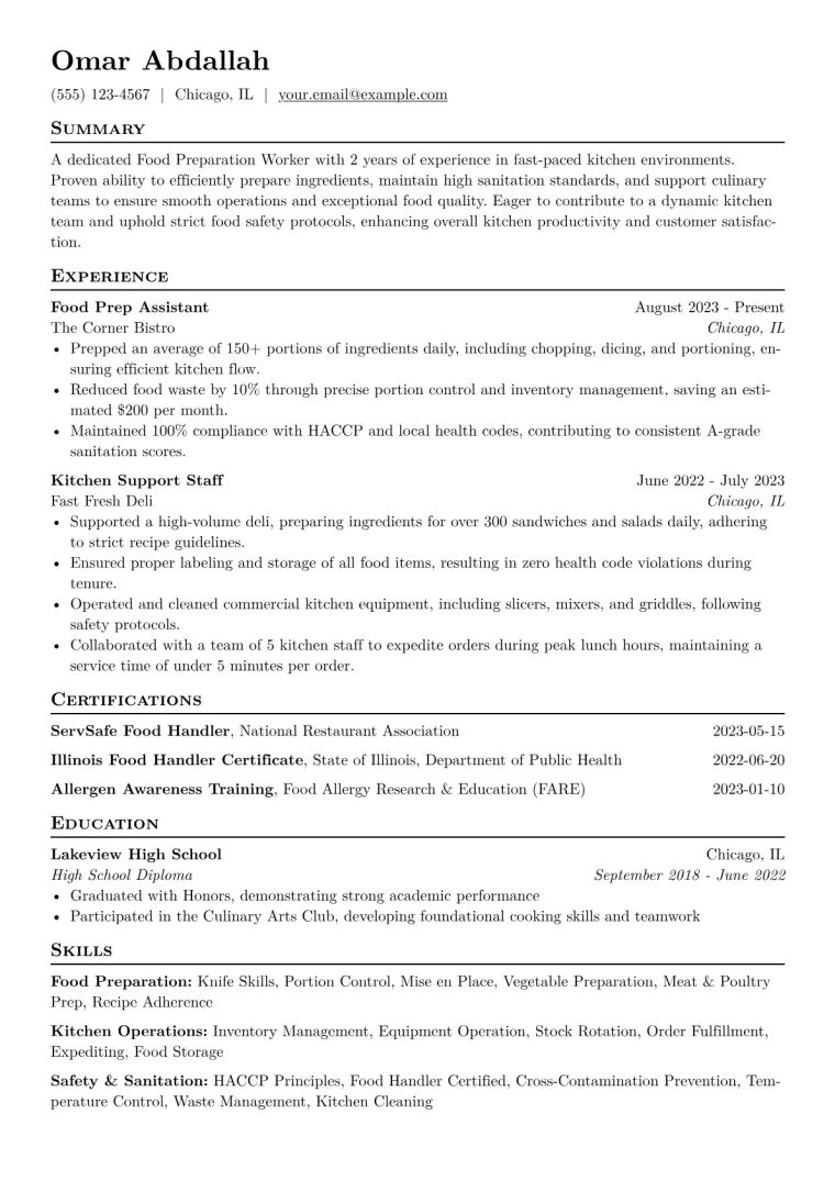 Food Preparation Worker Resume Example CV template preview