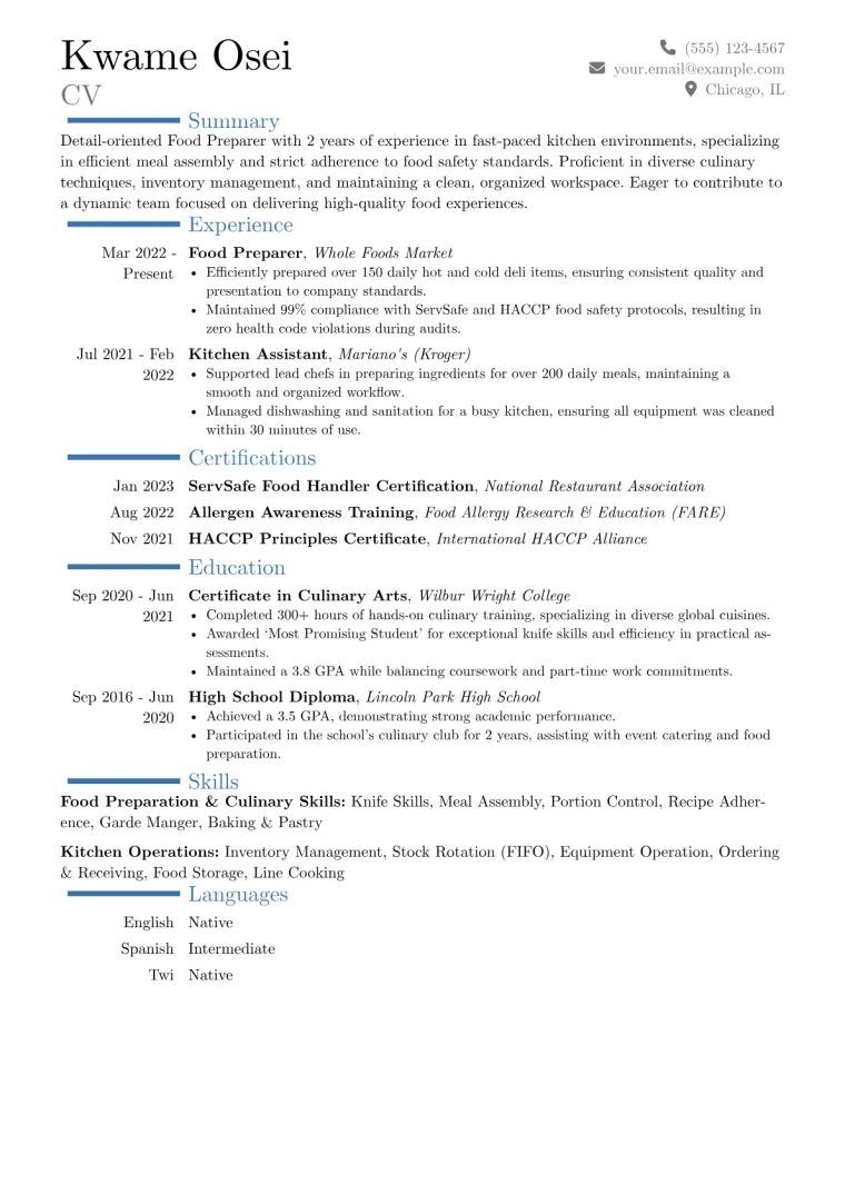 Food Preparer Resume Example CV template preview
