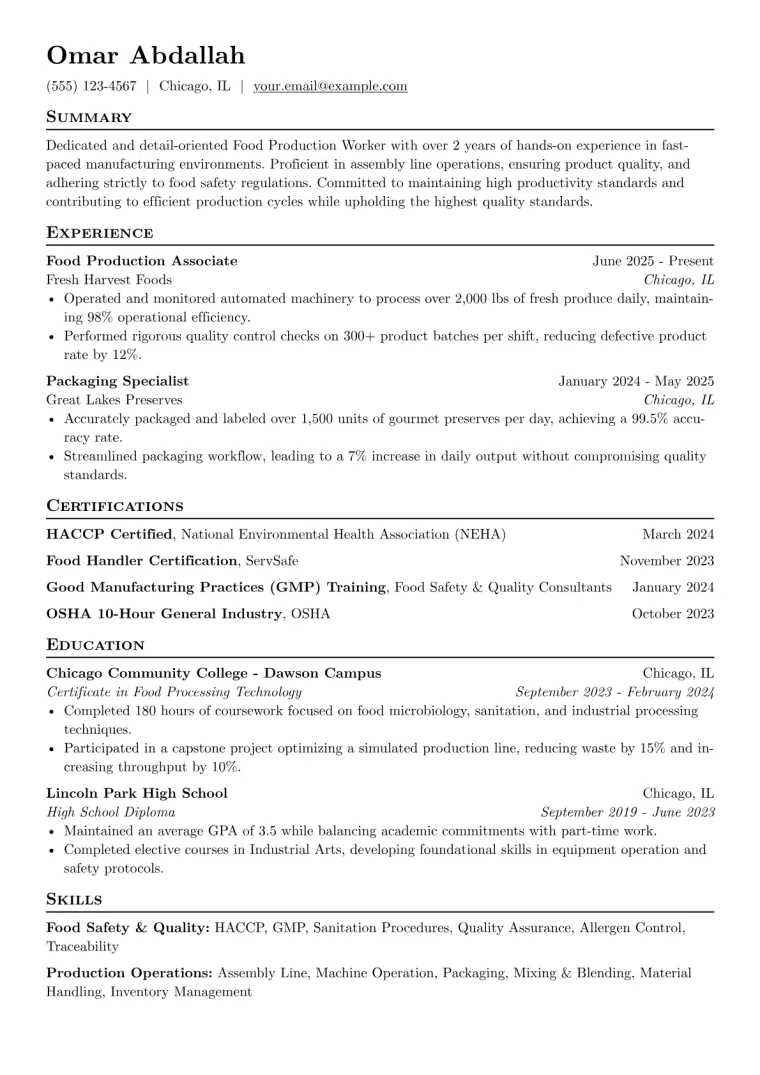 Food Production Worker Resume Example CV template preview