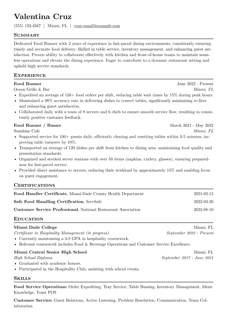 Food Runner Resume Example CV template preview