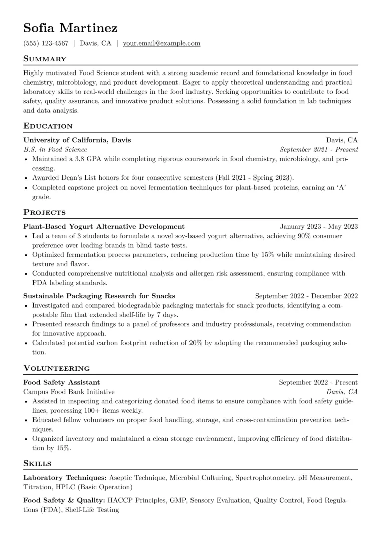 Food Science Student Resume Example CV template preview