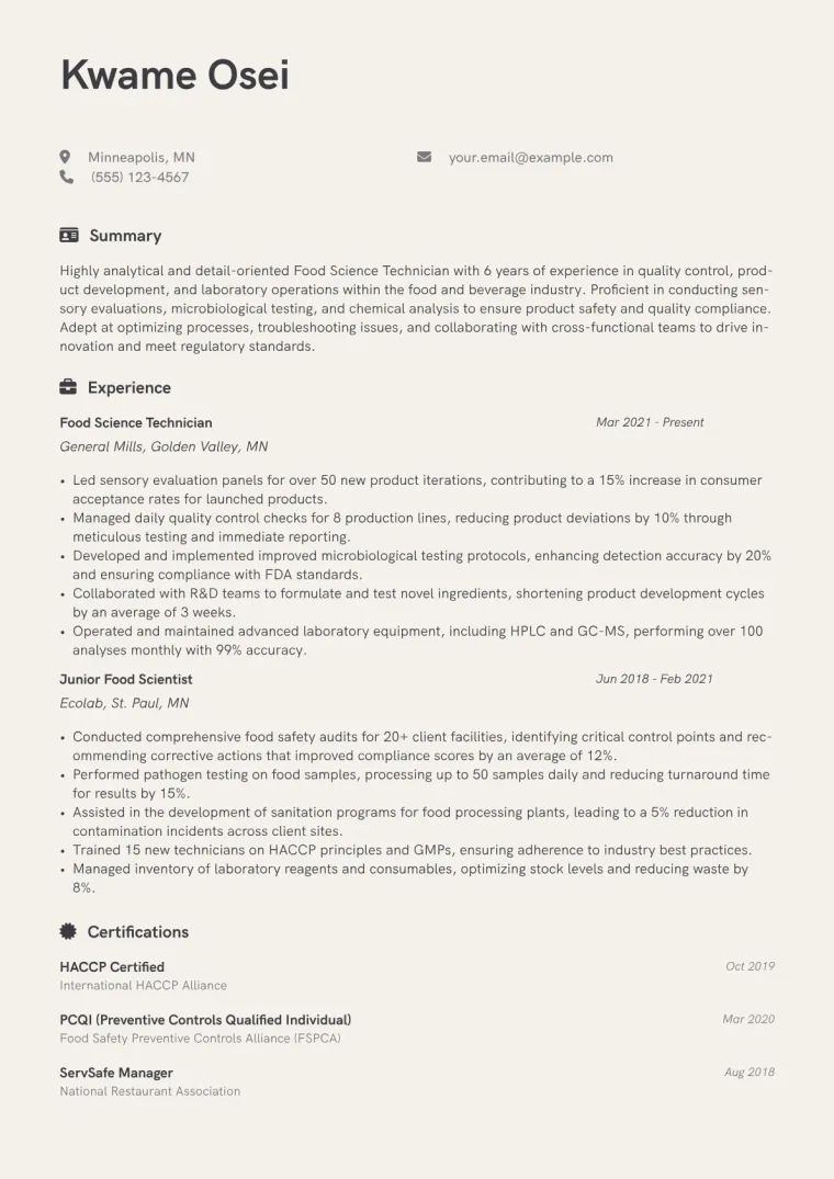 Food Science Technician Resume Example CV template preview