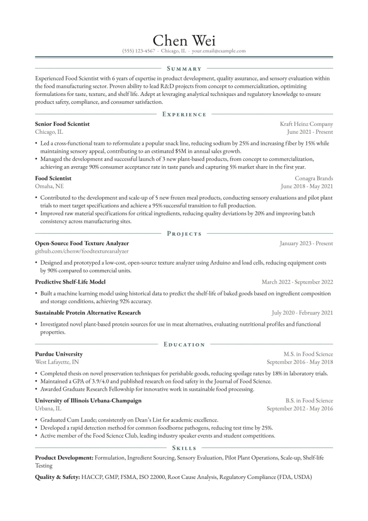 Food Scientist Resume Example CV template preview