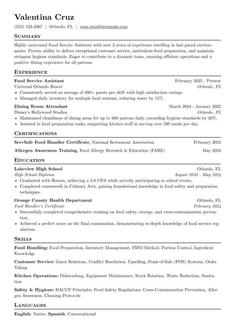 Food Service Assistant Resume Example CV template preview