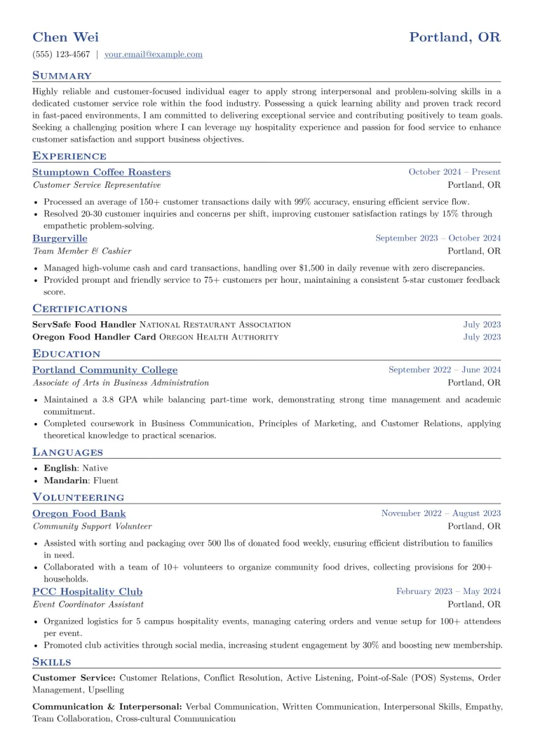 Food Service Customer Service Representative Resume Example CV template preview