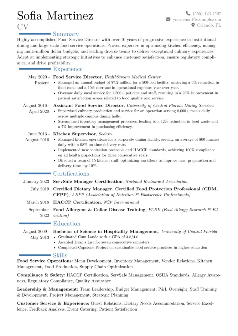 Food Service Director Resume Example CV template preview