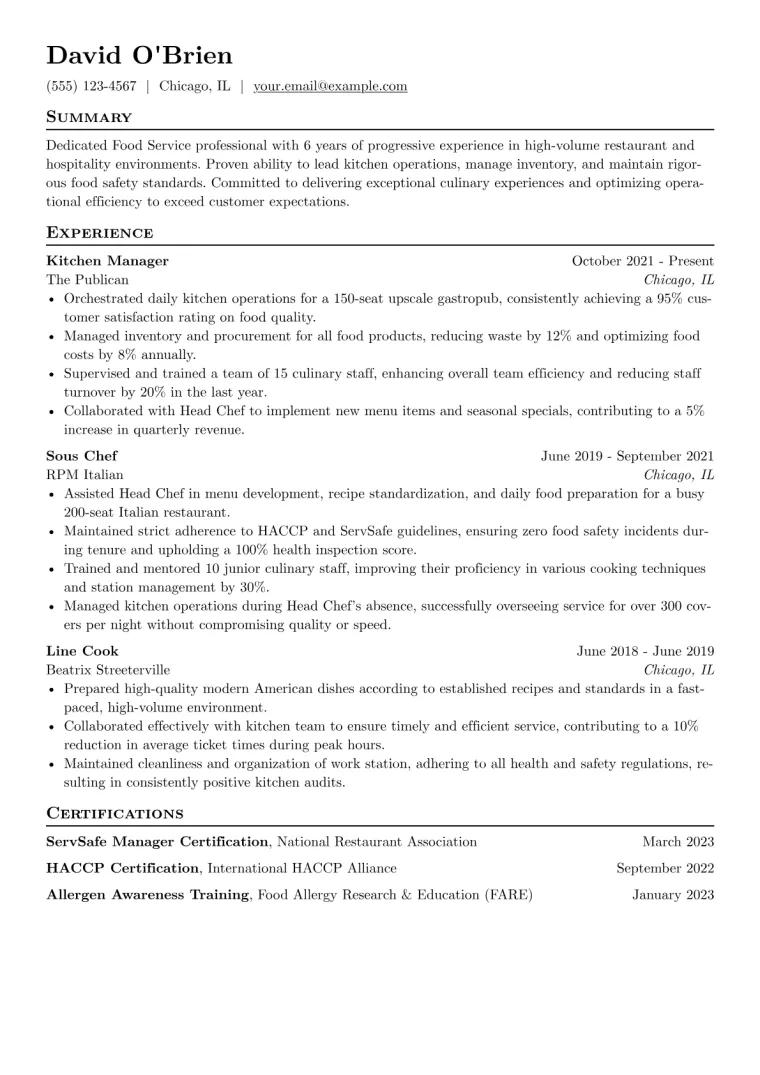 Food Service Resume Example CV template preview