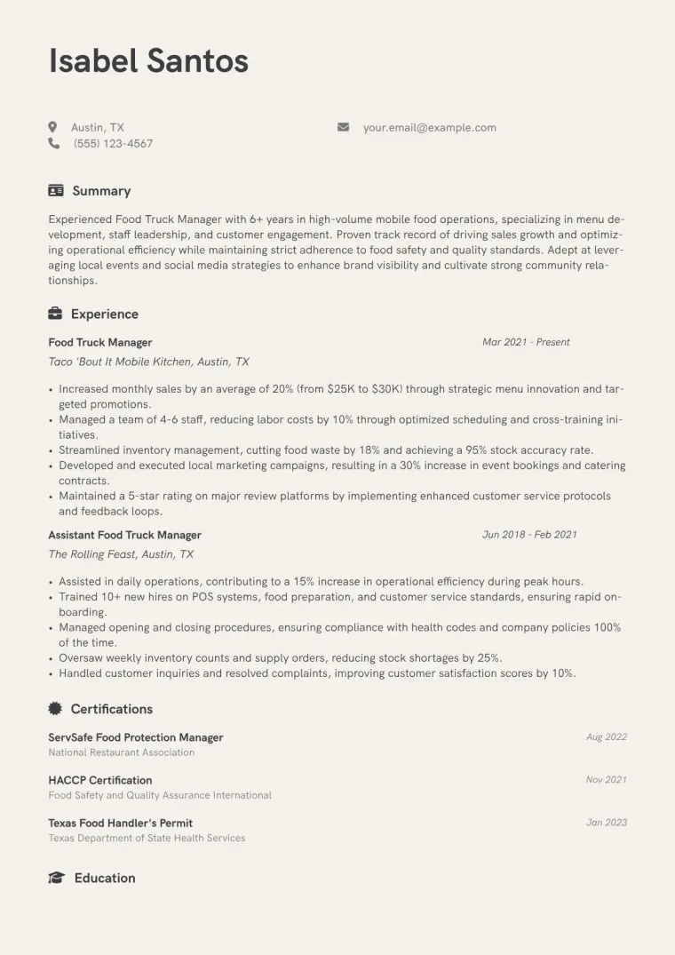 Food Truck Manager Resume Example CV template preview