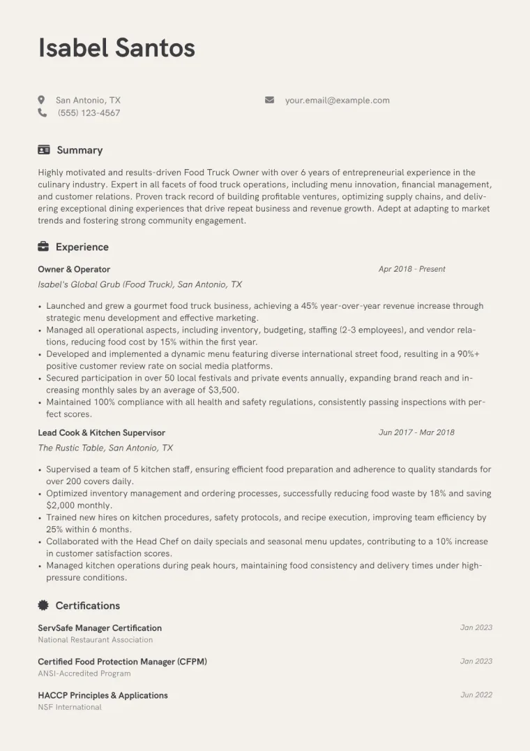 Food Truck Owner Resume Example CV template preview