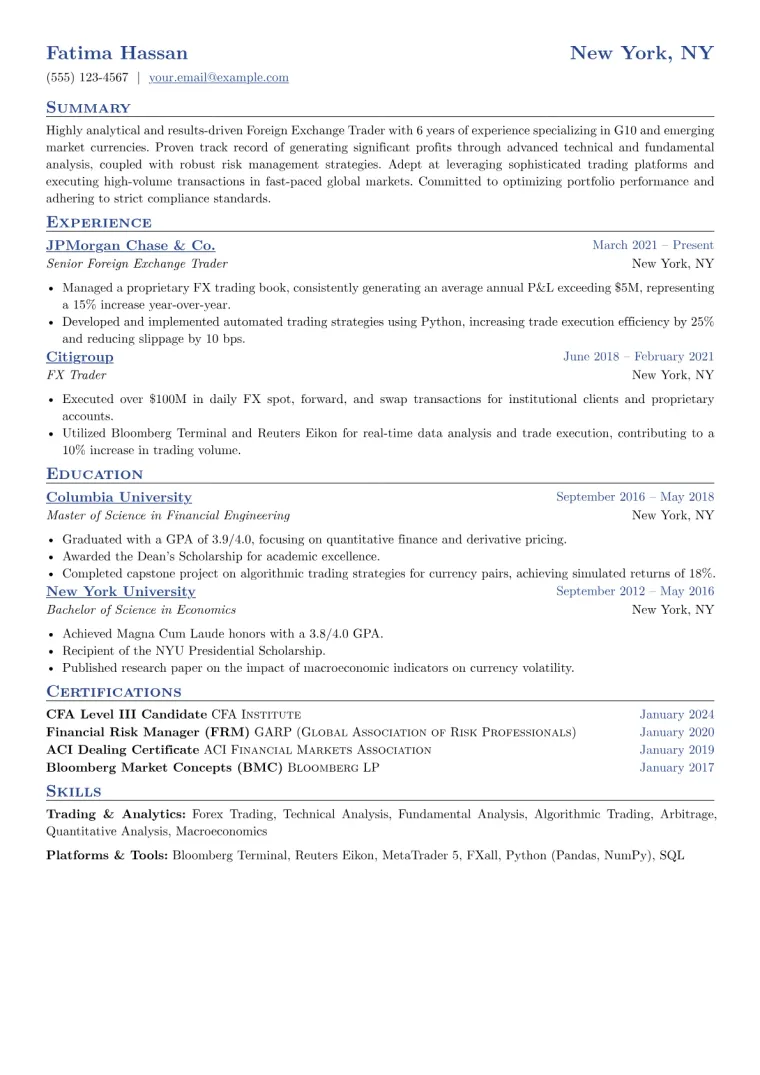 Foreign Exchange Trader Resume Example CV template preview