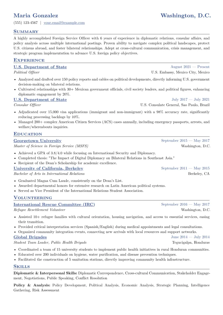 Foreign Service Officer Resume Example CV template preview
