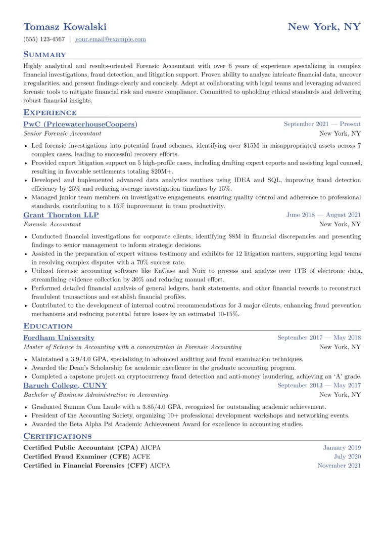 Forensic Accountant Resume Example CV template preview