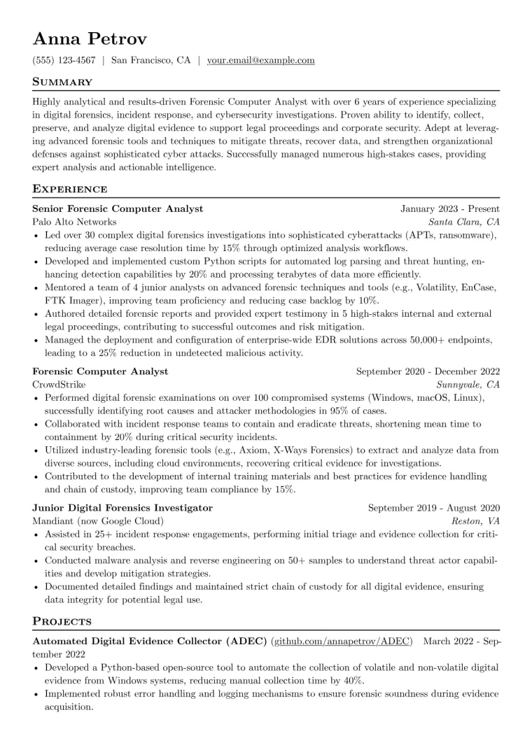 Forensic Computer Analyst Resume Example CV template preview