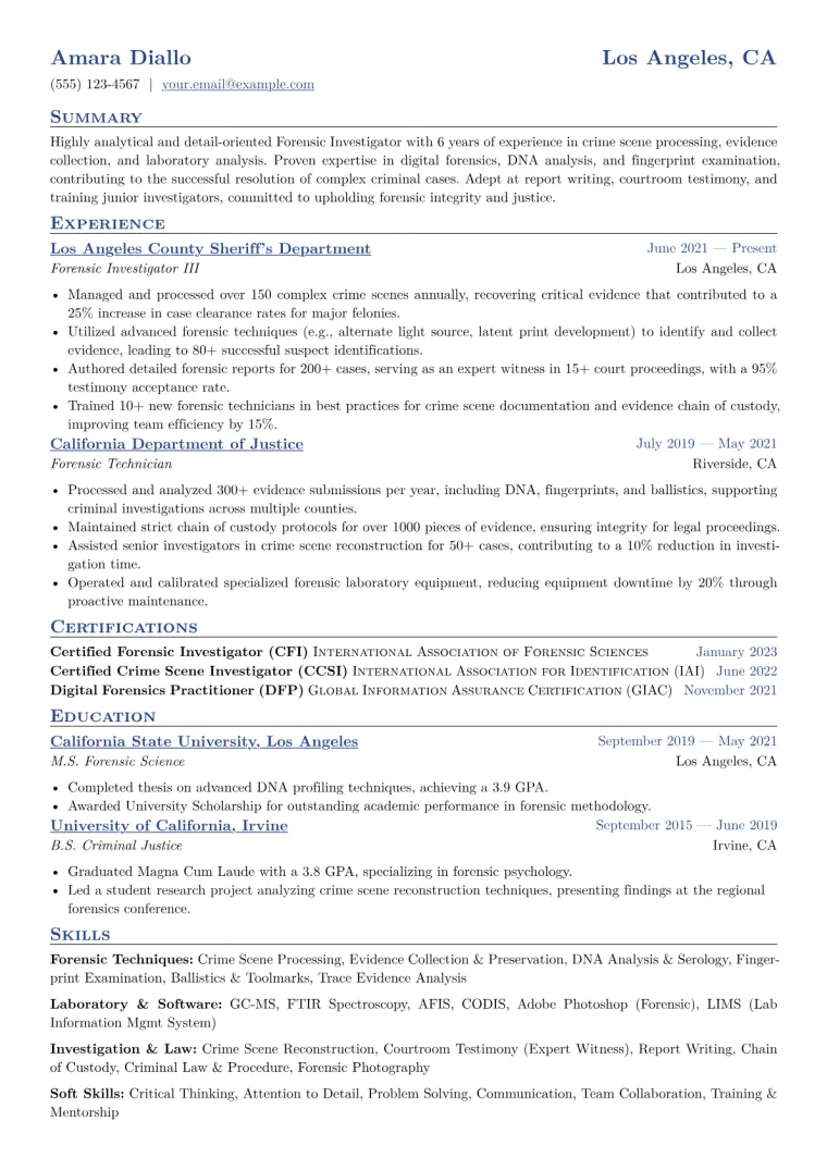 Forensic Investigator Resume Example CV template preview