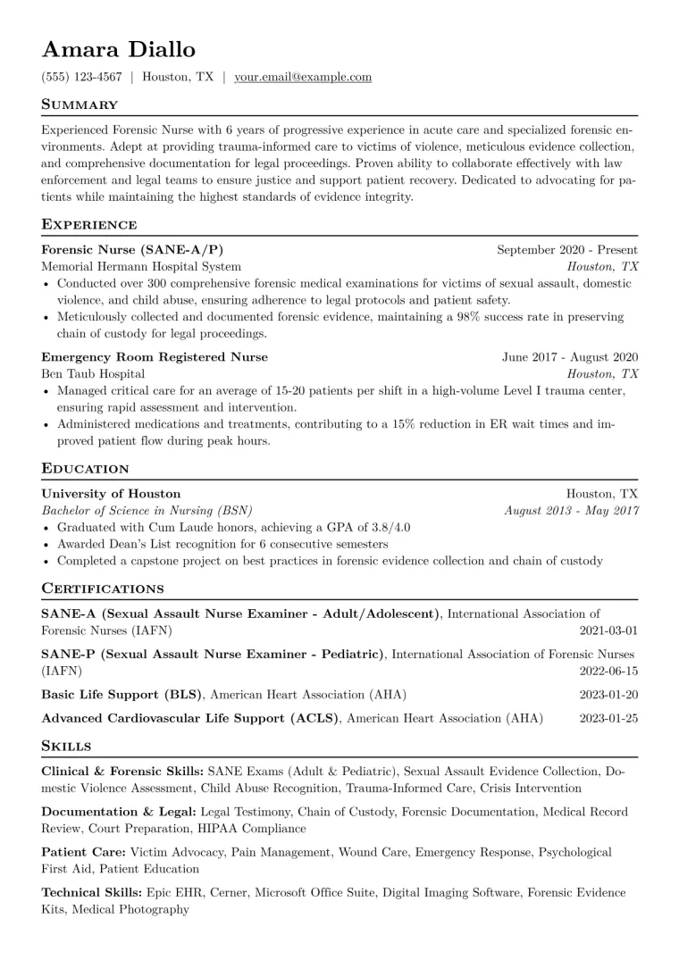 Forensic Nurse Resume Example CV template preview