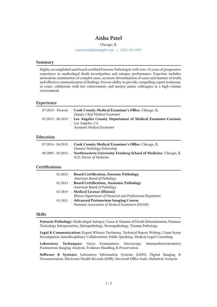 Forensic Pathologist Resume Example CV template preview