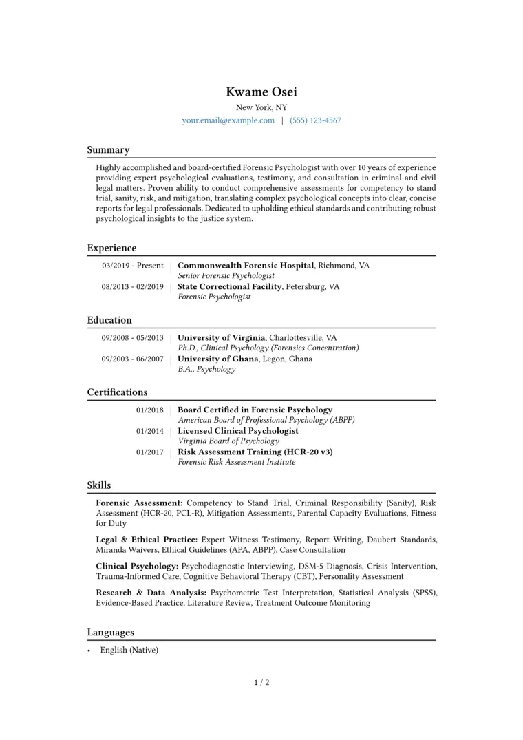 Forensic Psychologist Resume Example CV template preview