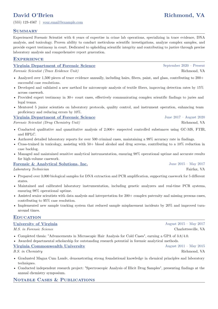 Forensic Scientist Resume Example CV template preview