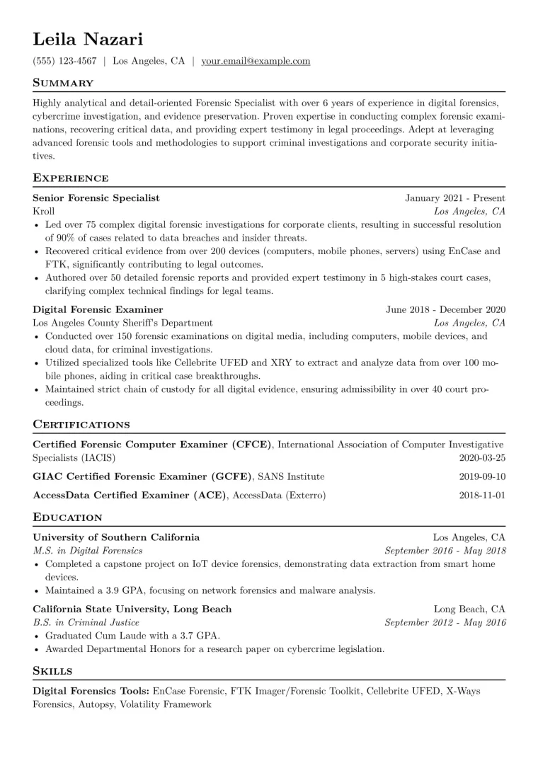 Forensic Specialist Resume Example CV template preview