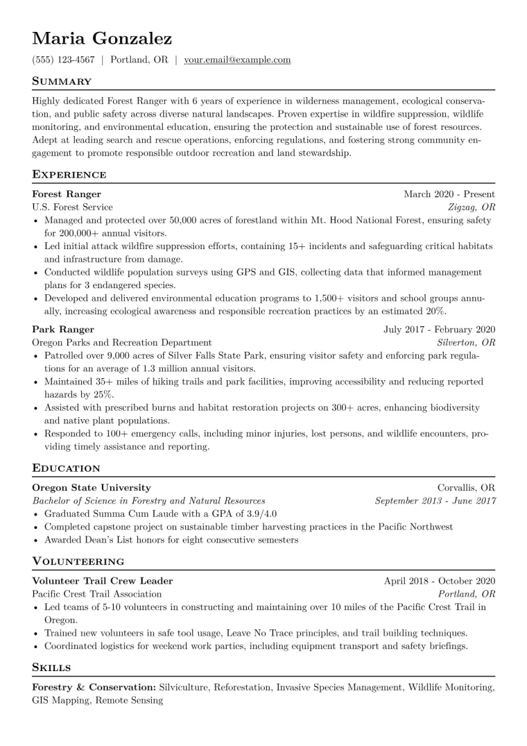 Forest Ranger Resume Example CV template preview