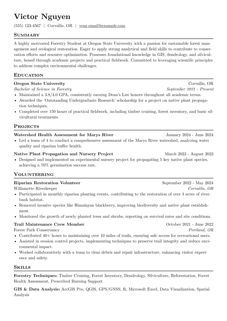 Forestry Student Resume Example CV template preview
