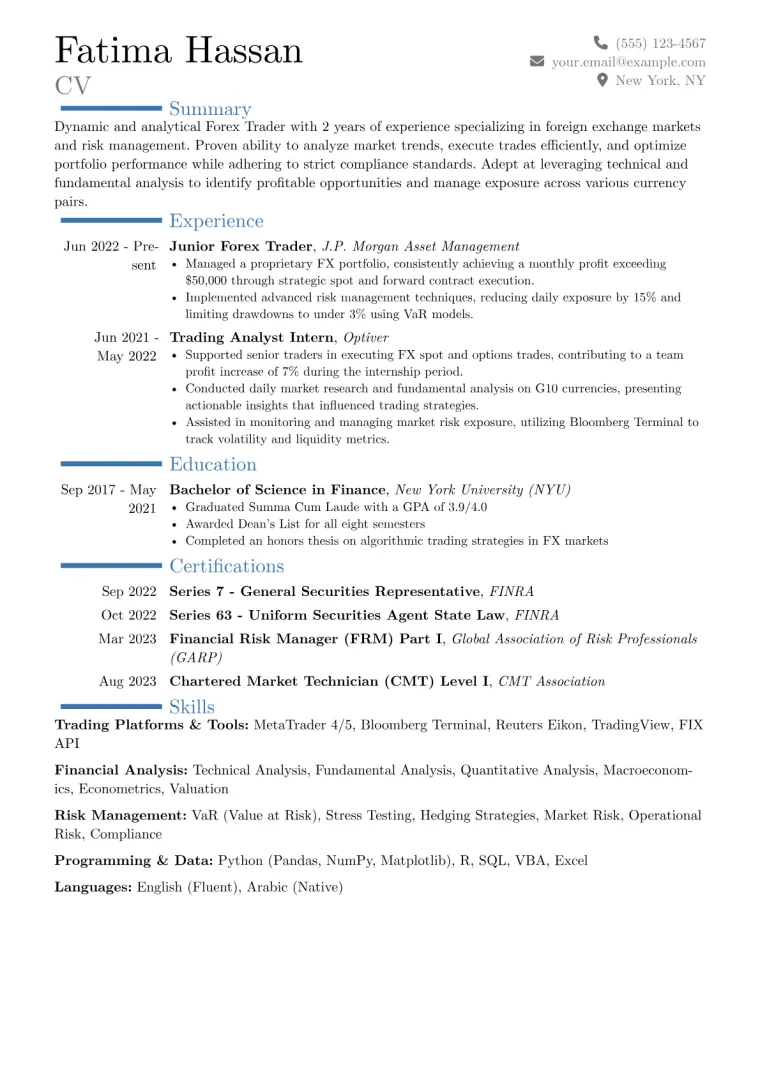 Forex Trader Resume Example CV template preview