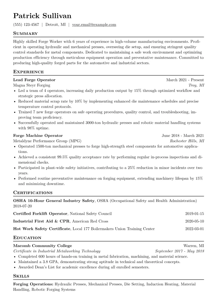Forge Worker Resume Example CV template preview