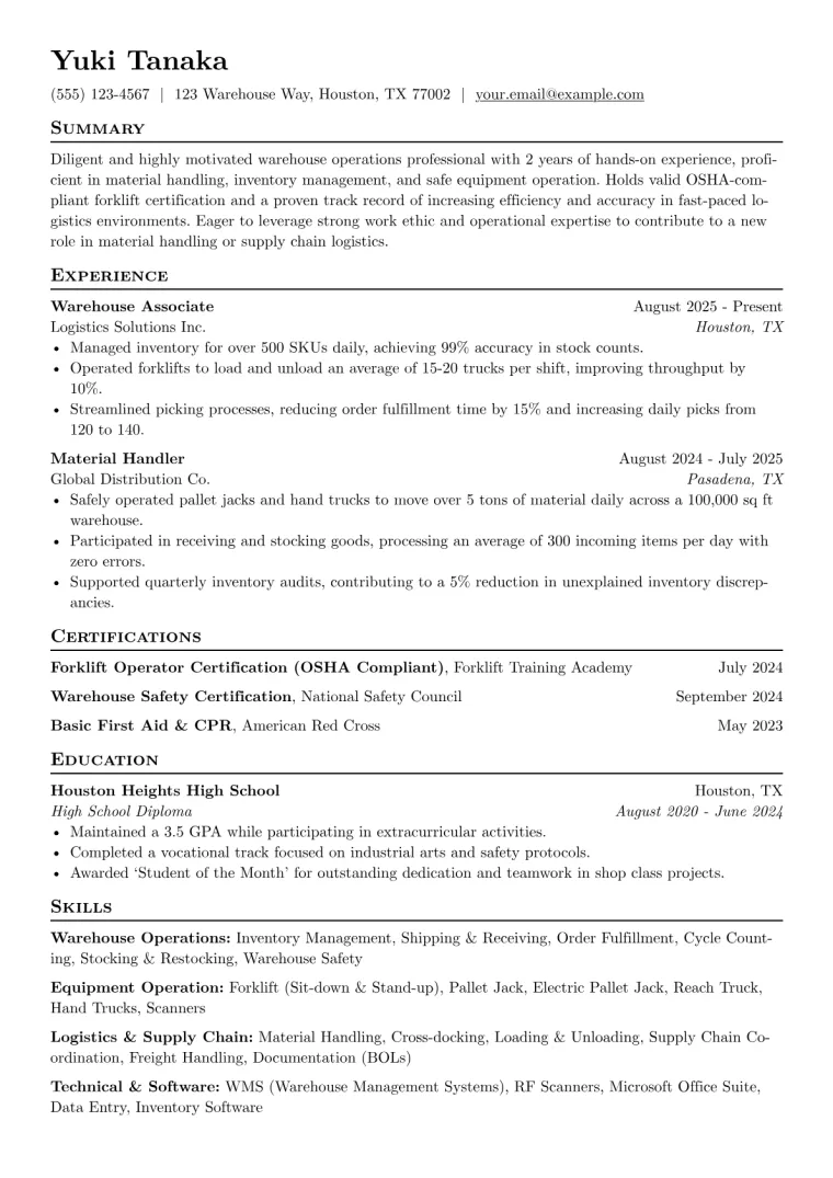 Forklift Certified Worker Resume Example CV template preview