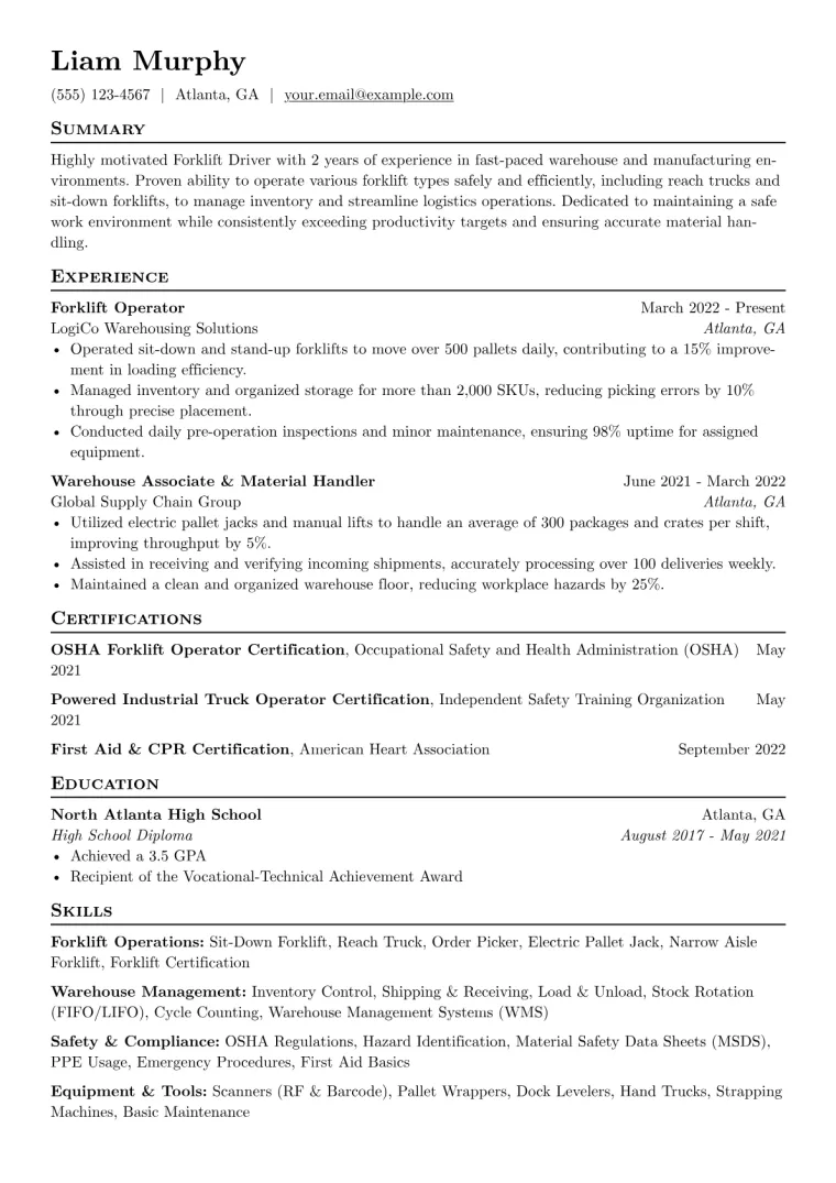 Forklift Driver Resume Example CV template preview