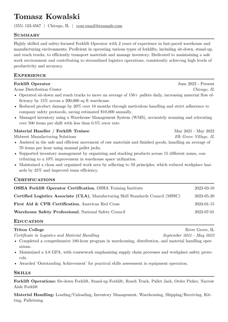 Forklift Operator Resume Example CV template preview
