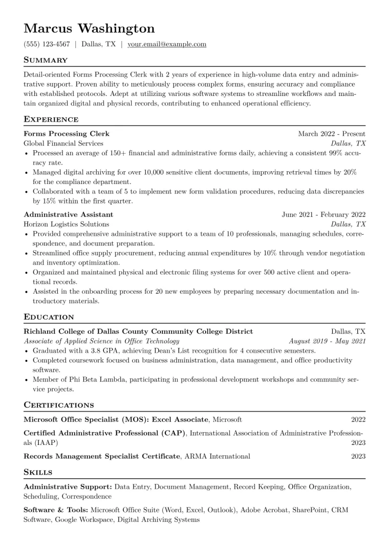 Forms Processing Clerk Resume Example CV template preview