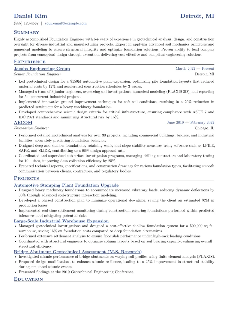 Foundation Engineer Resume Example CV template preview