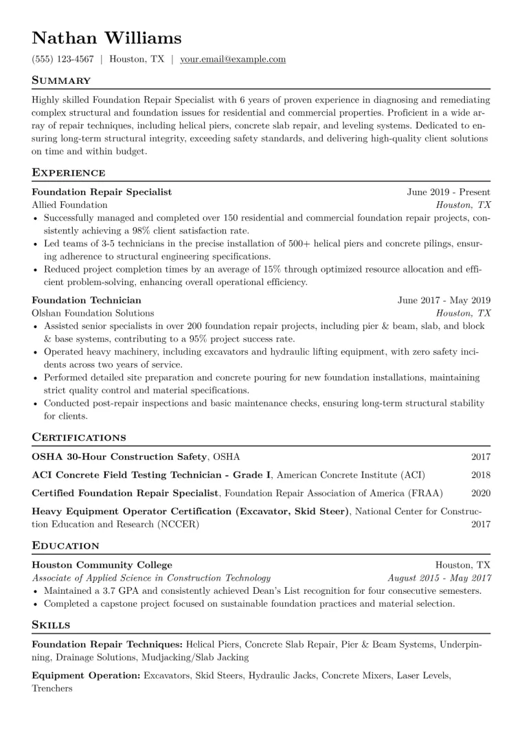 Foundation Repair Specialist Resume Example CV template preview