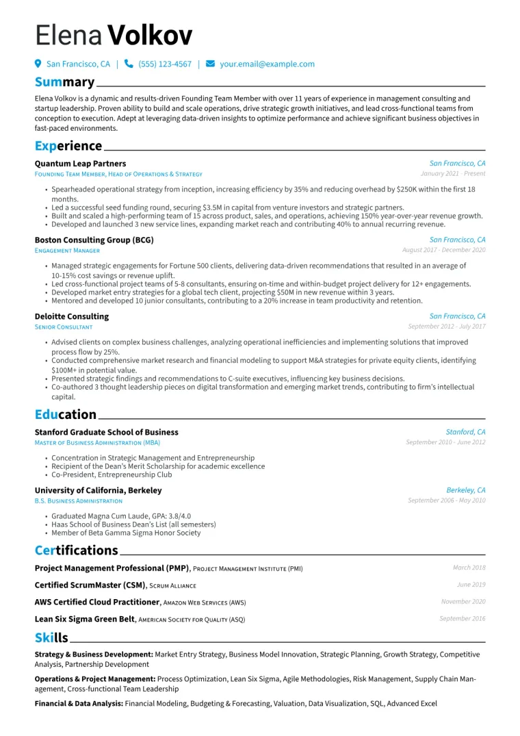 Founding Team Member Resume Example CV template preview