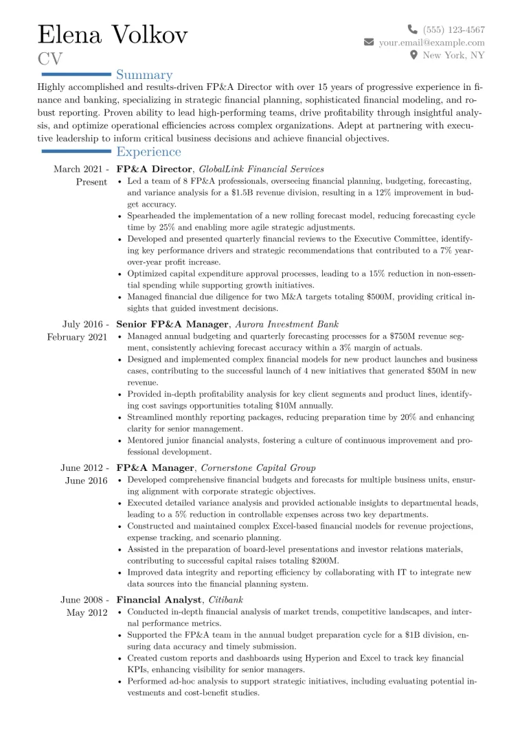 FP&A Director Resume Example CV template preview
