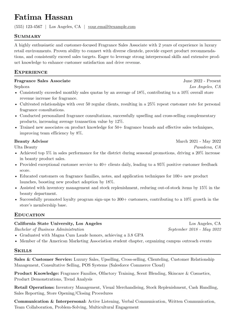Fragrance Sales Associate Resume Example CV template preview