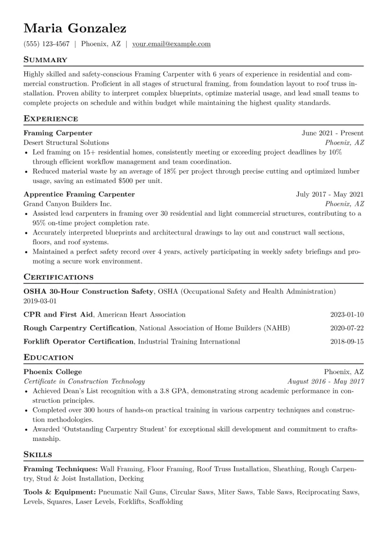 Framing Carpenter Resume Example CV template preview