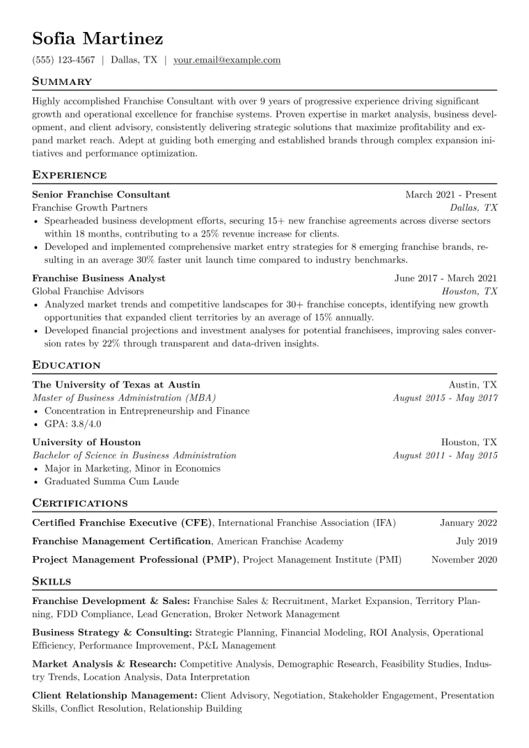 Franchise Consultant Resume Example CV template preview