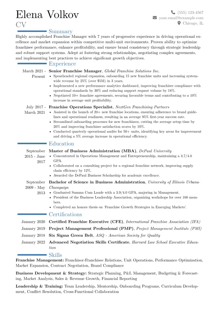 Franchise Manager Resume Example CV template preview