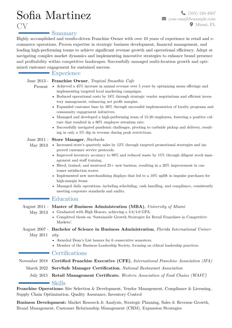 Franchise Owner Resume Example CV template preview