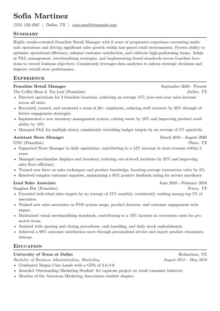 Franchise Retail Manager Resume Example CV template preview