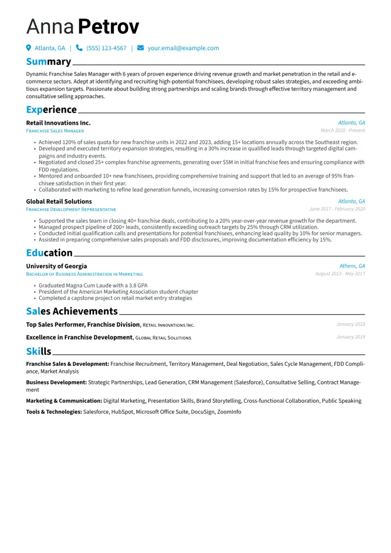 Franchise Sales Manager Resume Example CV template preview